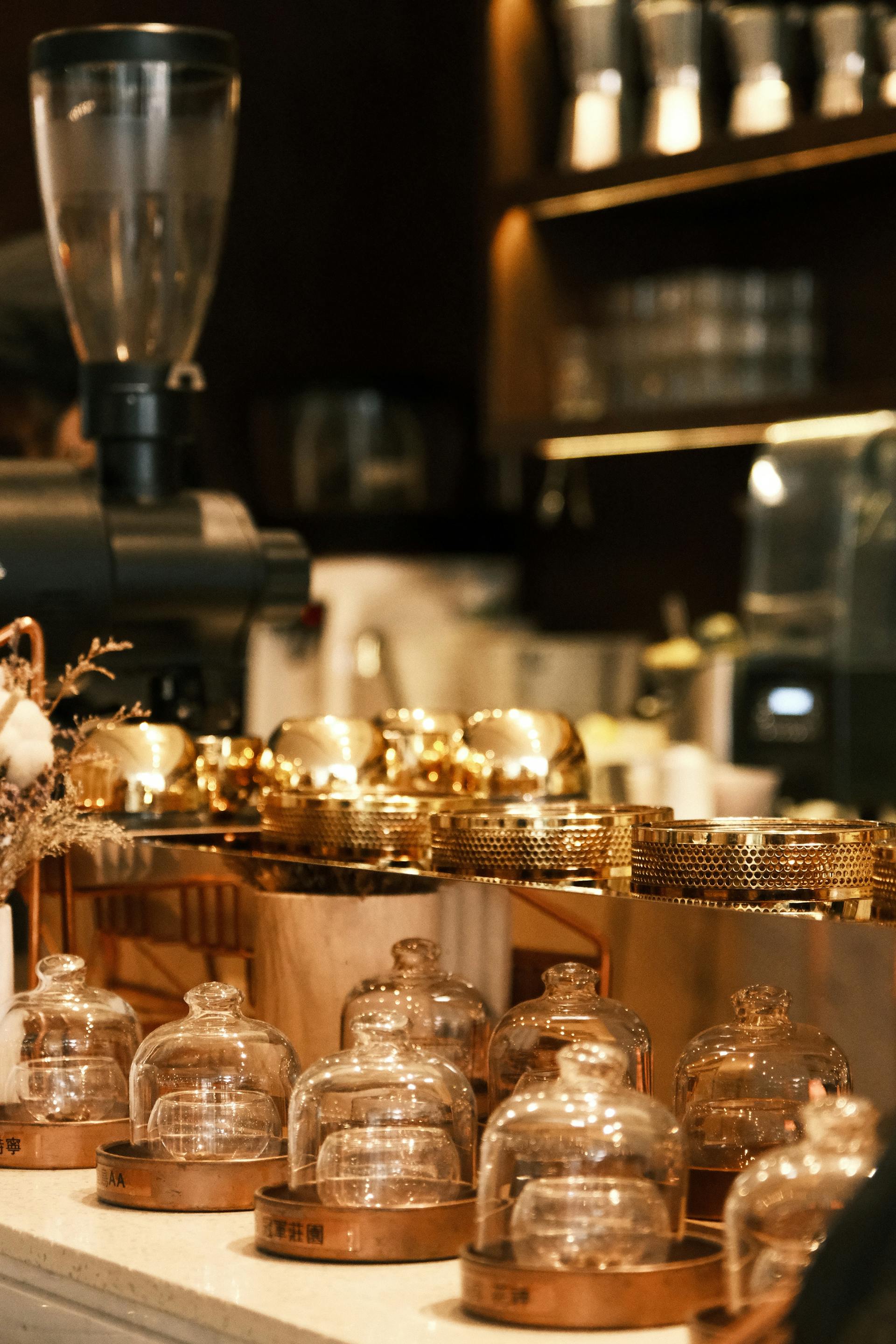 Wooden counter detail with ceramic mugs
