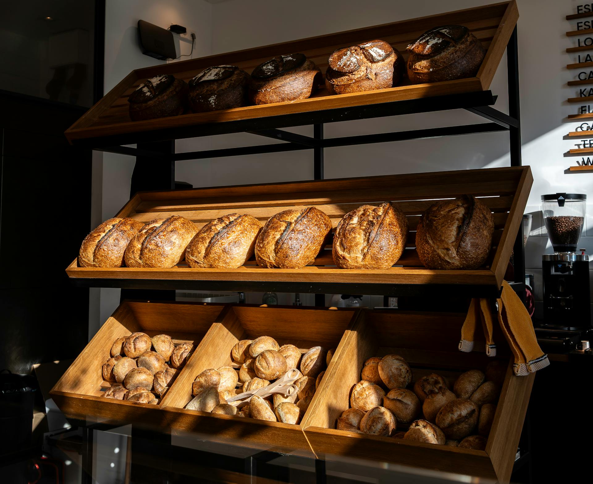 Sourdough loaves on bakery shelf
