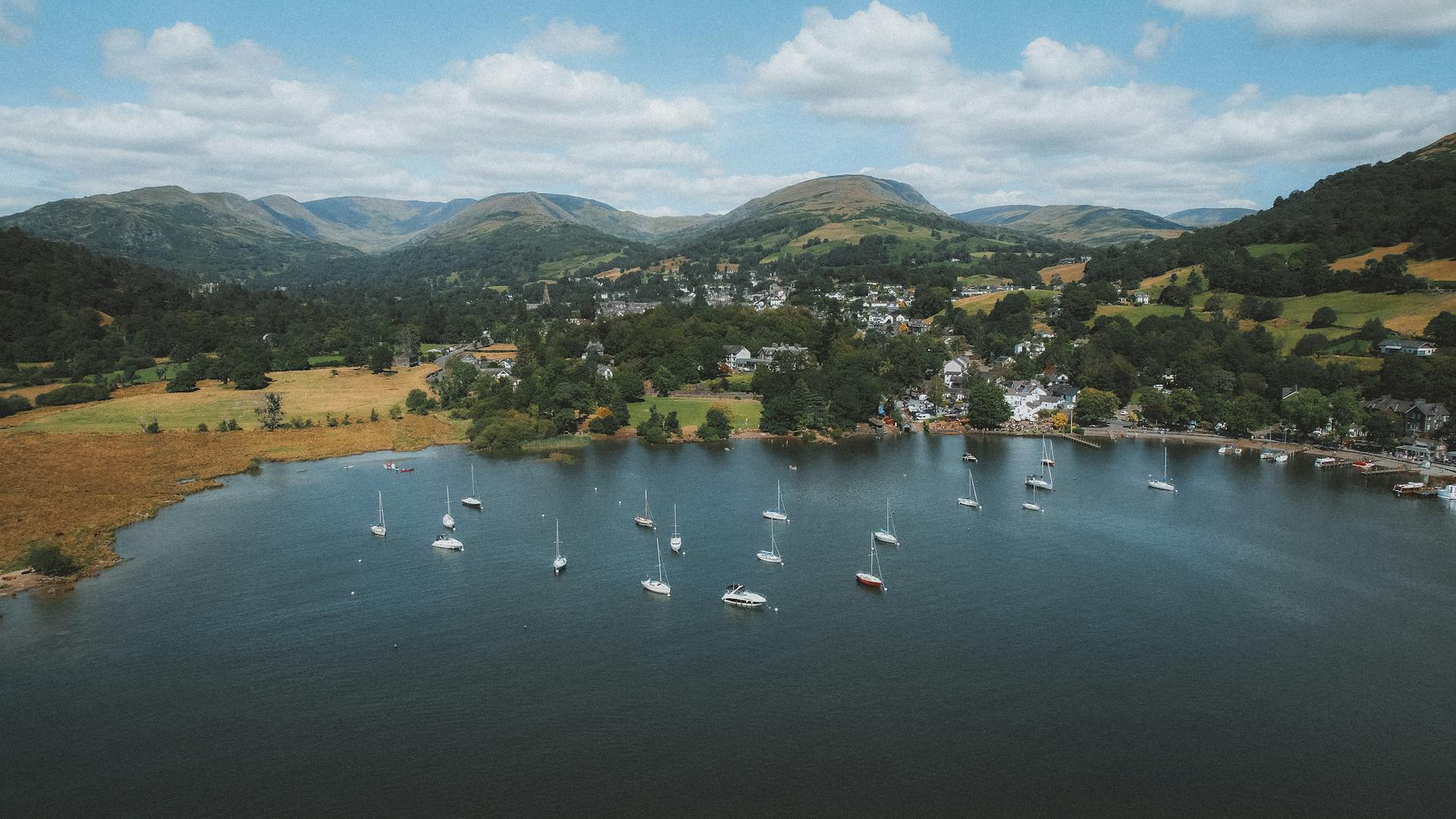 Aerial view of Ambleside village on the lakeshore