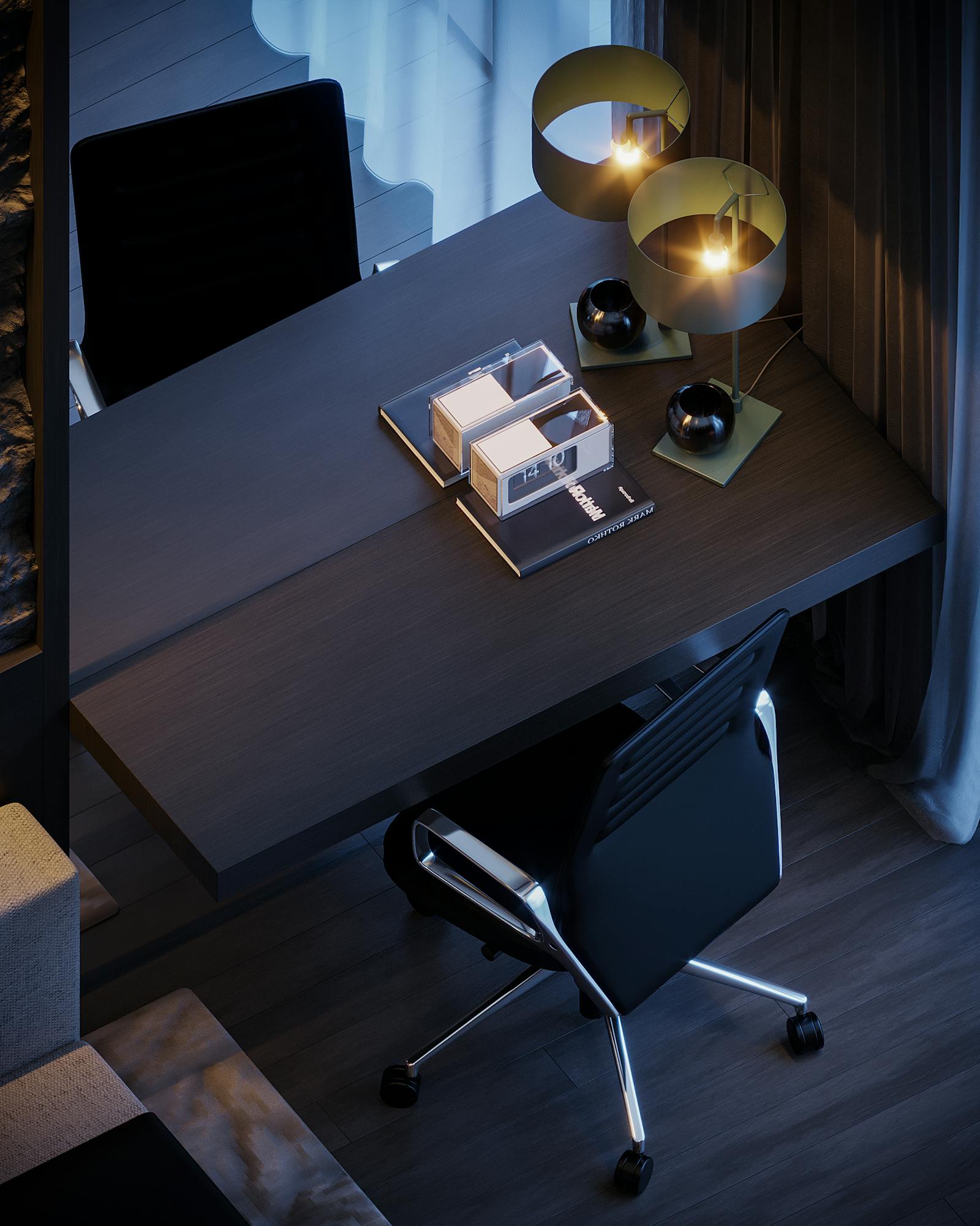 Wooden desk in a warmly lit professional office
