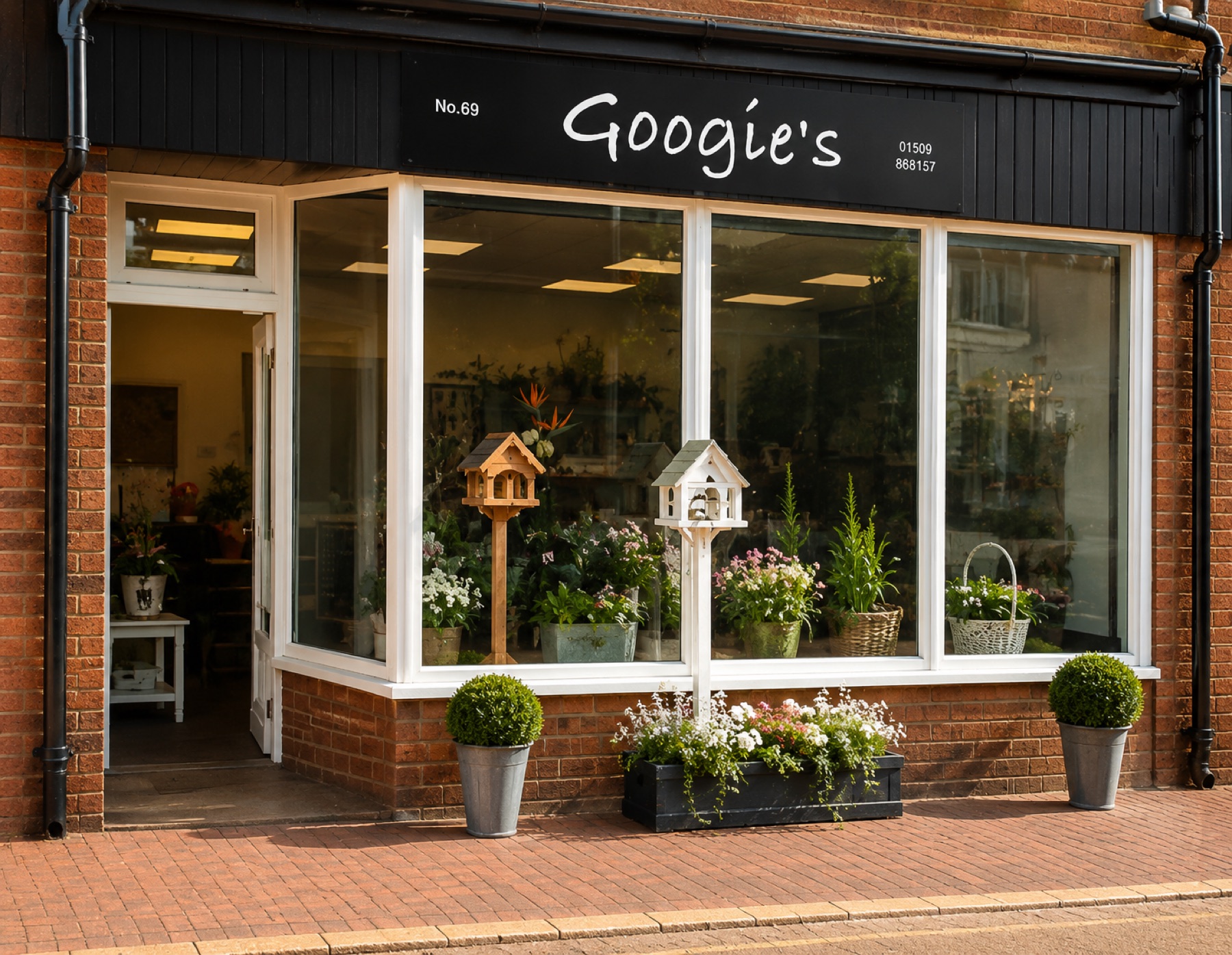 Googie's shopfront at 69 Main Street, East Leake — black fascia, hand-painted script, large glass window with potted plants, birdhouses and a flower window box on the pavement
