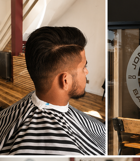 Side-profile of a client at JP Barbering with a sharp pompadour-style cut, wearing the shop's black-and-white pinstripe cape