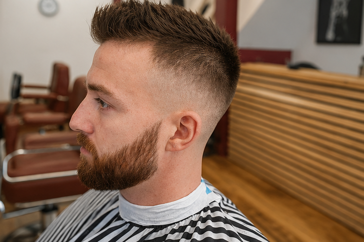 Profile of a client at JP Barbering with a high skin fade and full auburn beard, cape on, barber chairs visible behind