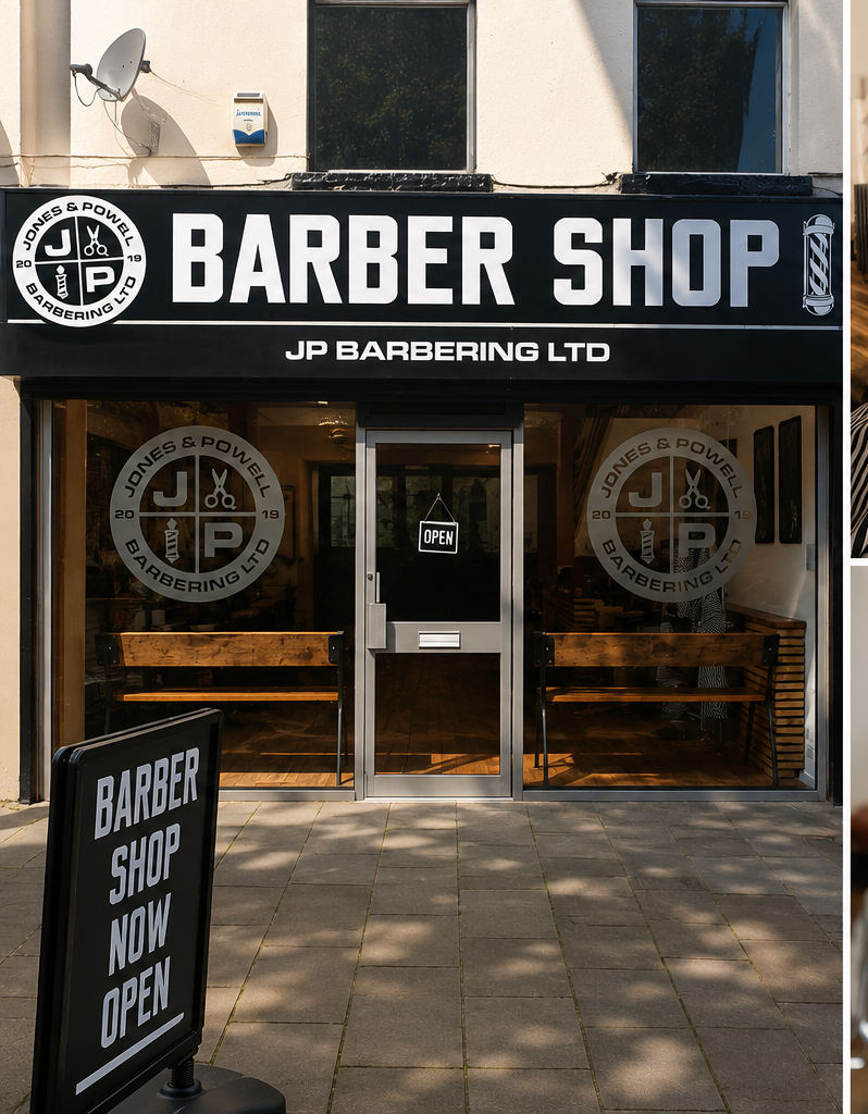 JP Barbering shop front at 47 Bethcar Street, Ebbw Vale — black signage, JP roundels on the windows, A-frame chalkboard reading 'BARBER SHOP NOW OPEN'