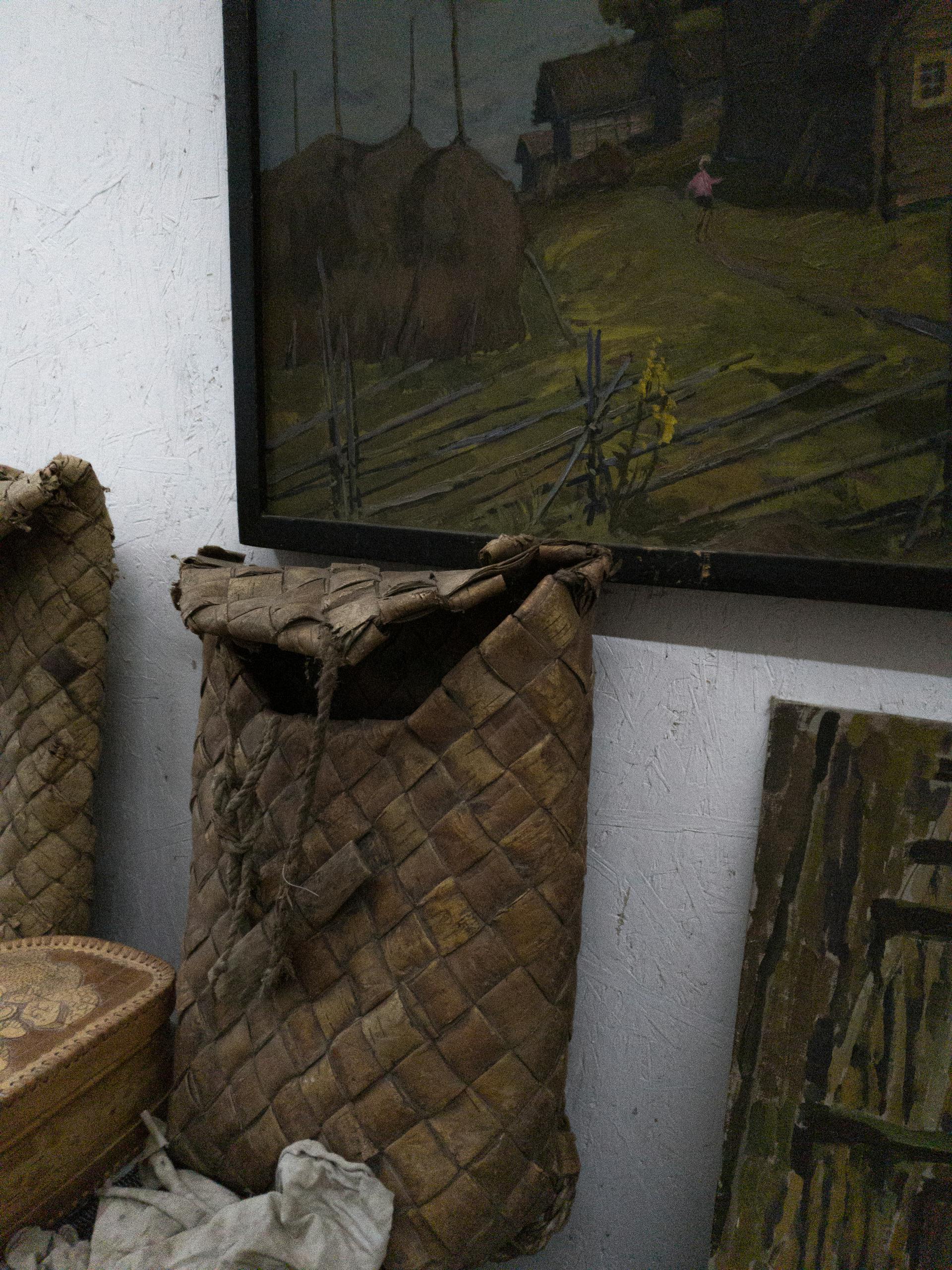 Wicker basket details on a textured wall