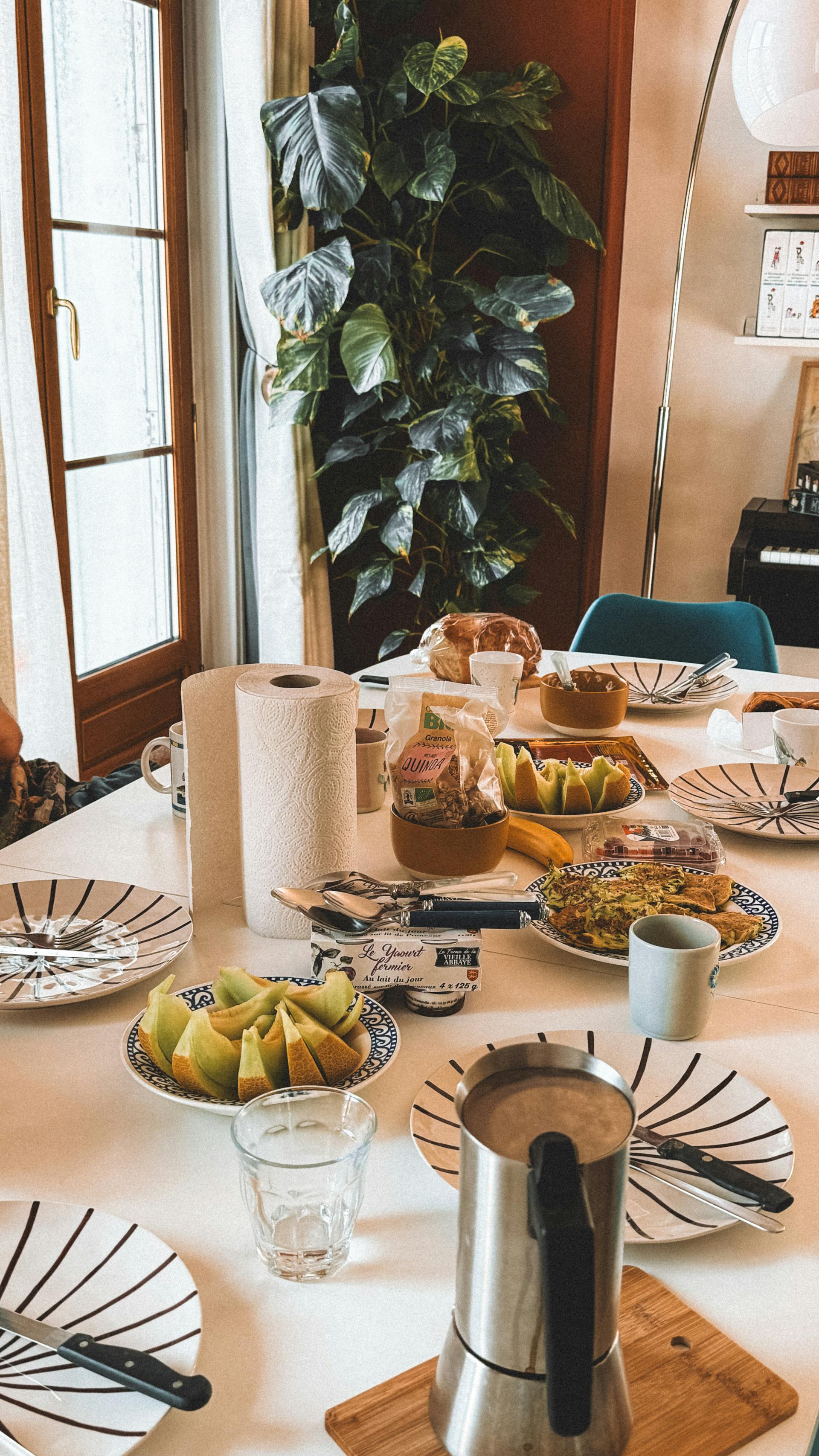 Breakfast spread on a wooden table