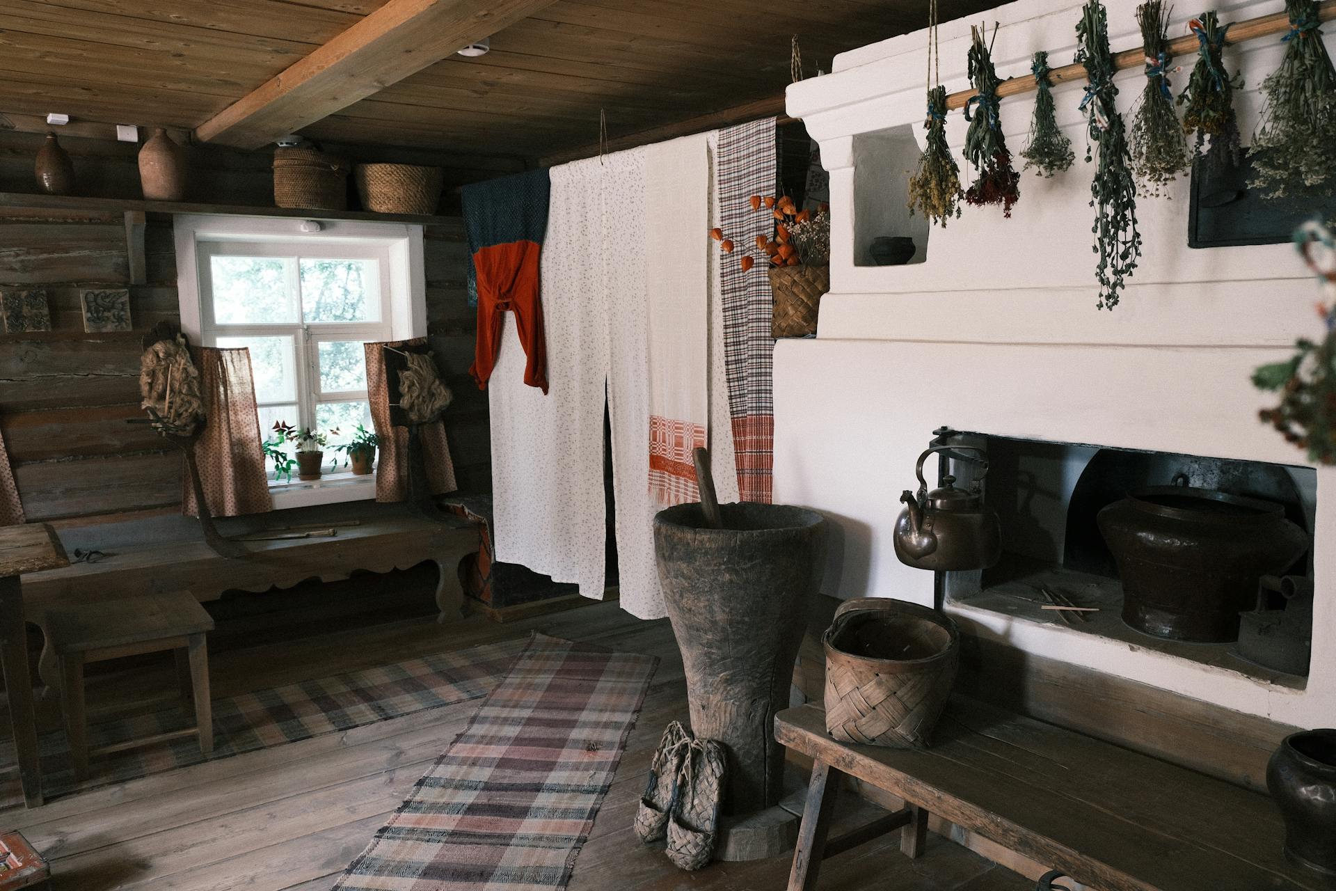 Rustic cottage interior with fireplace
